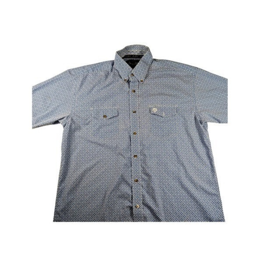 George Strait Wrangler Blue Geometric Short Sleeve Button-Up Shirt XL Pattern